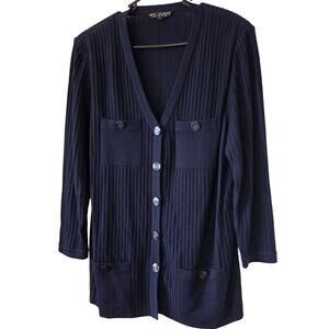 St. John Basics Sz 14 Navy Blue Button Up Cardigan 4 Pockets Yacht Nautical USA